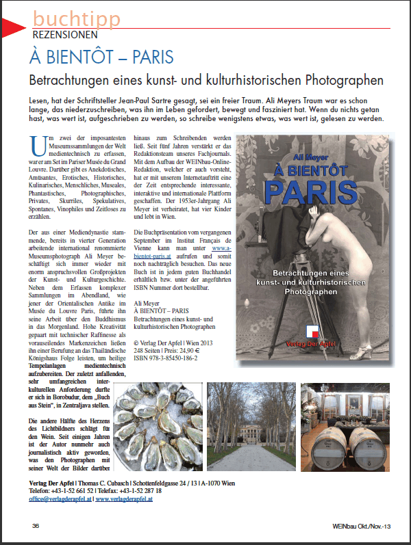 Ali Meyer -  BIENTT PARIS | BETRACHTUNGEN EINES KUNST- UND KULTURHISTORISCHEN PHOTOGRAPHEN |  2013 | Verlag Der Apfel | ISBN 978-3-85450-186-2